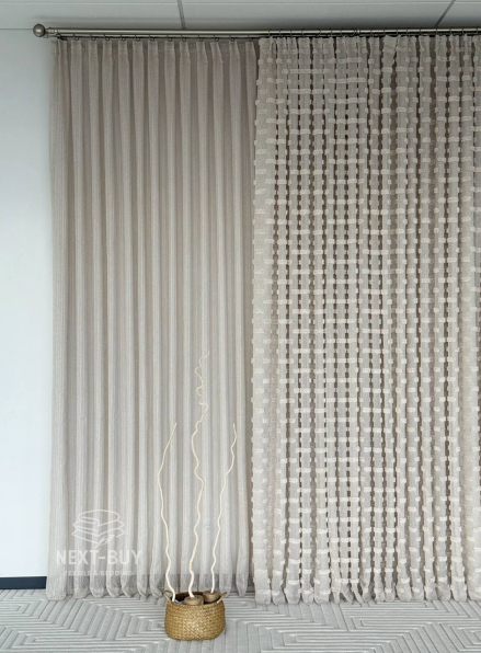 Тюль бежевий льон з 3D м’якими помпонами Linen Bej Boho Chic Туреччина