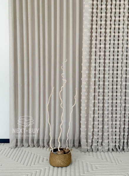 Тюль бежевий льон з 3D м’якими помпонами Linen Bej Boho Chic Туреччина