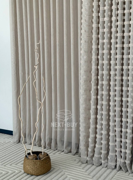 Тюль бежевий льон з 3D м’якими помпонами Linen Bej Boho Chic Туреччина