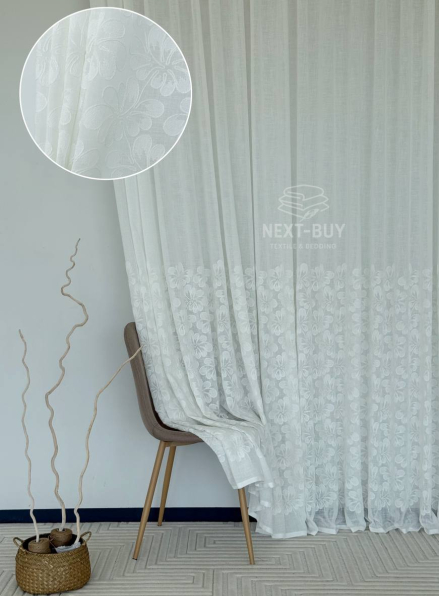 Тюль білий льон з квітковою вишивкою Pure Blossom Sheer Італія