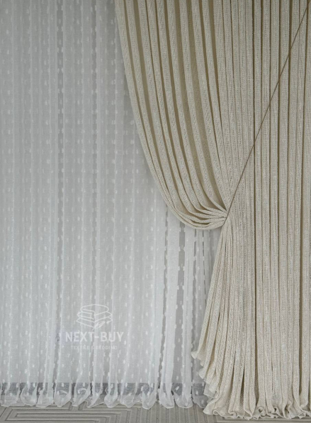 Тюль білий льон з 3D помпонами Linen Pom Veil Туреччина