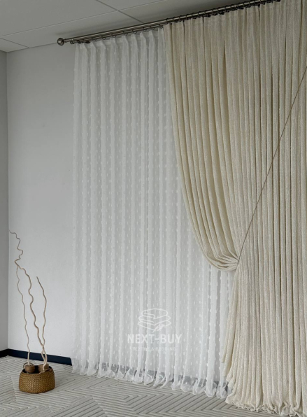 Тюль білий льон з 3D помпонами Linen Pom Veil Туреччина