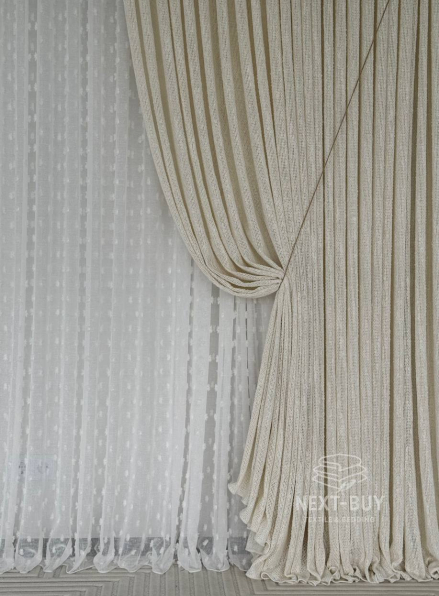 Тюль білий льон з 3D помпонами Linen Pom Veil Туреччина