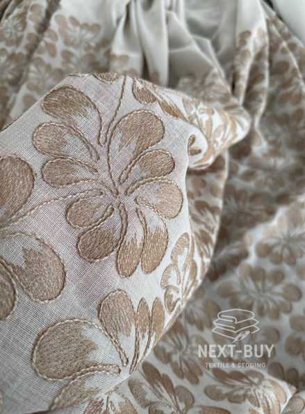 Тюль льон з квітковою вишивкою Amelia Coffee Bloom Італія