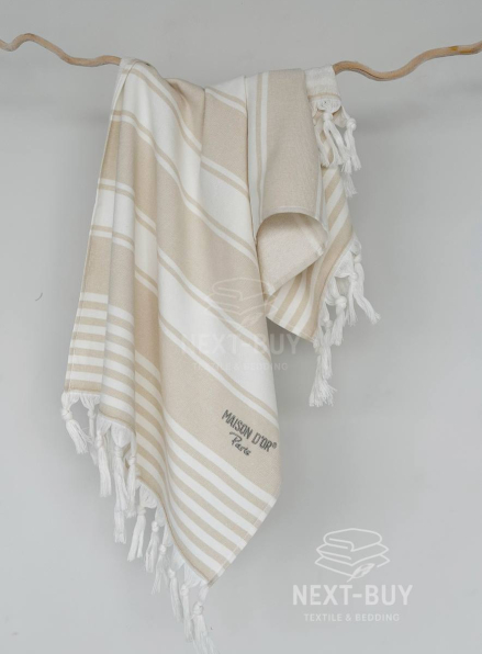 Жаккардовий рушник з бахромою Maison D’or PRIMAVERA Beach Towel Beige White 50×100 см | 100% бавовна, махра + жаккард