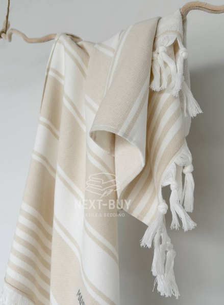 Жаккардовий рушник з бахромою Maison D’or PRIMAVERA Beach Towel Beige White 50×100 см | 100% бавовна, махра + жаккард