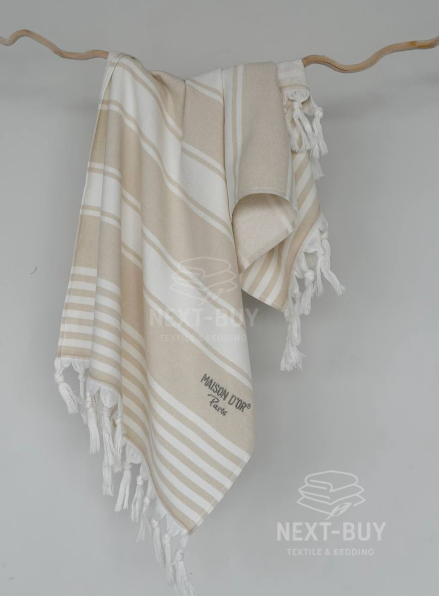 Жаккардовий рушник з бахромою Maison D’or PRIMAVERA Beach Towel Beige White 50×100 см | 100% бавовна, махра + жаккард