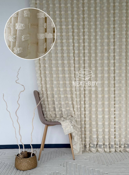Тюль бежевий льон з 3D-ефектом м’якими помпонами Linen Dot Harmony Туреччина