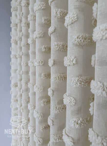 Тюль бежевий льон з 3D-ефектом м’якими помпонами Linen Dot Harmony Туреччина