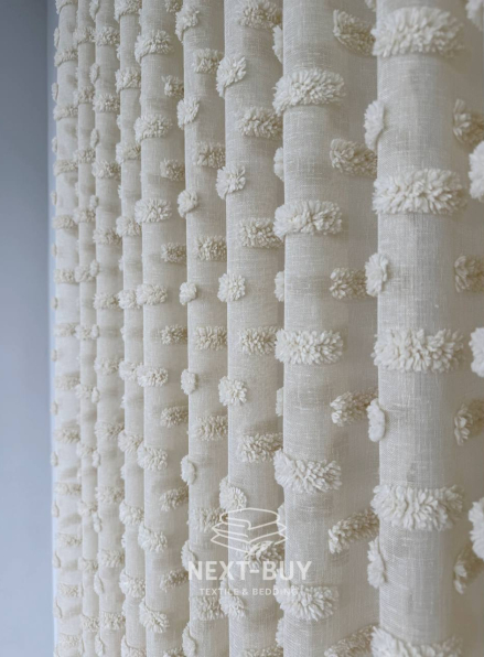 Тюль бежевий льон з 3D-ефектом м’якими помпонами Linen Dot Harmony Туреччина