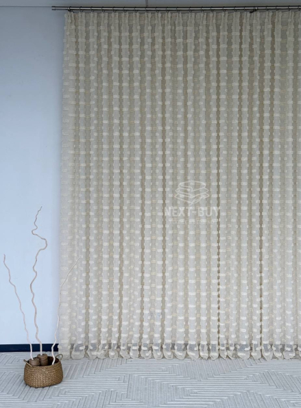 Тюль бежевий льон з 3D-ефектом м’якими помпонами Linen Dot Harmony Туреччина