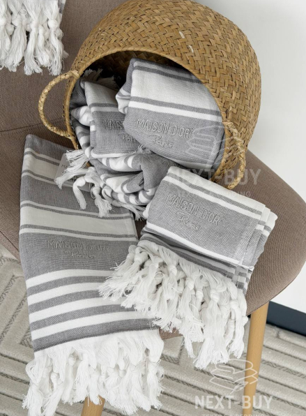 Рушник-пештемаль Maison D’or Primavera Grey / White 40×70 см | 100% бавовна, махра + декоративне плетіння