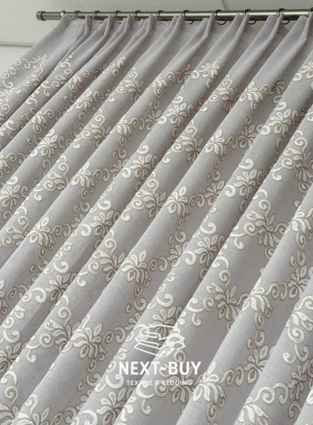 Тюль сірий льон з аплікацією Linen Grace Embroidery Grey-Beige Італія
