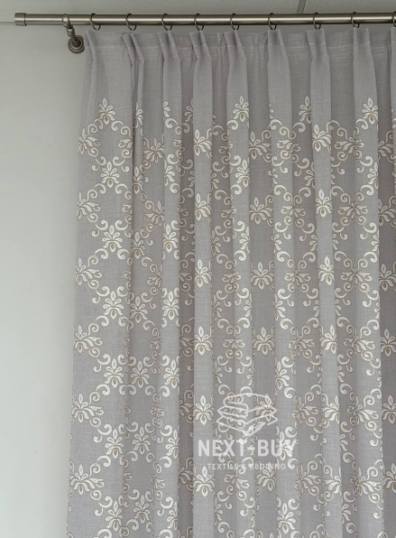 Тюль сірий льон з аплікацією Linen Grace Embroidery Grey-Beige Італія