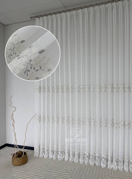 Тюль льон білий з рельєфною флористичною вишивкою Linen Elegance Natural White & Gray Туреччина