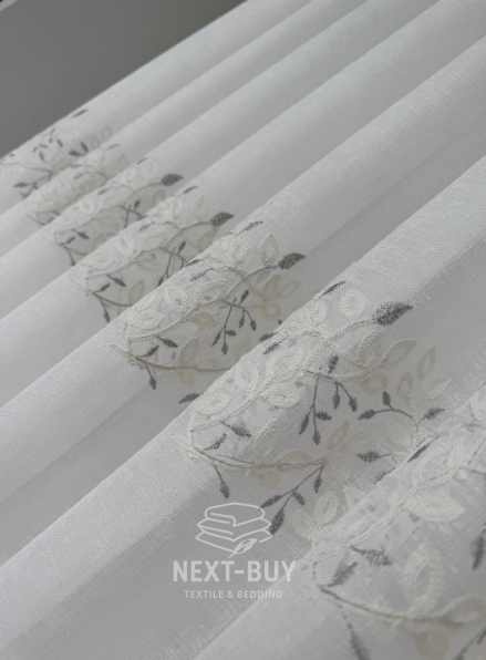 Тюль льон білий з рельєфною флористичною вишивкою Linen Elegance Natural White & Gray Туреччина