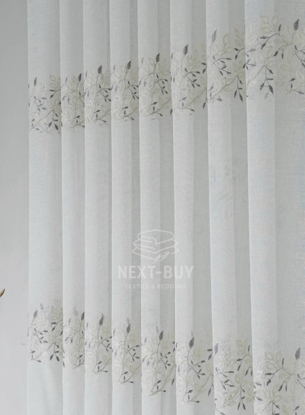 Тюль льон білий з рельєфною флористичною вишивкою Linen Elegance Natural White & Gray Туреччина