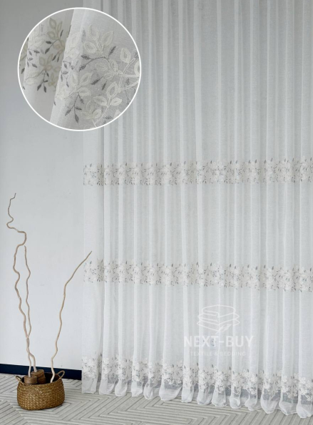 Тюль льон білий з рельєфною флористичною вишивкою Linen Elegance Natural White & Gray Туреччина