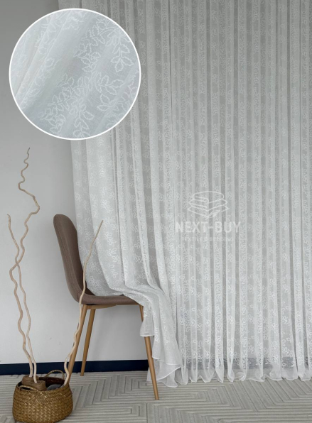 Тюль білий льон з вишивкою в листочки Linen Whisper White, Туреччина