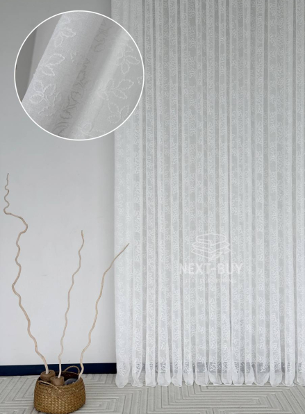 Тюль білий льон з вишивкою в листочки Linen Whisper White, Туреччина