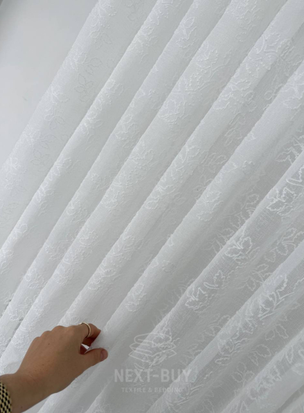 Тюль білий льон з вишивкою в листочки Linen Whisper White, Туреччина