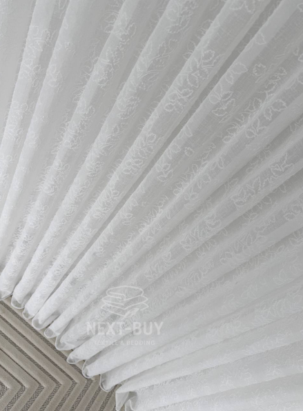 Тюль білий льон з вишивкою в листочки Linen Whisper White, Туреччина