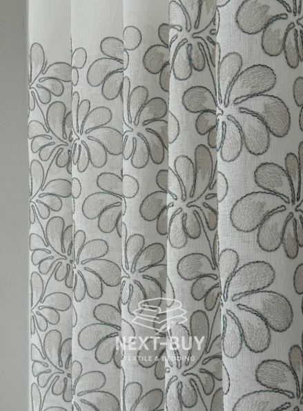 Тюль білий льон з квітковою вишивкою Linen Bloom Whisper – White & Beige with Turquoise Thread Італія