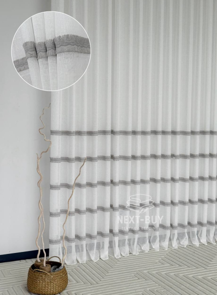 Тюль льон з сірою аплікацією у смужку Linen Grace Silver Lines, Італія