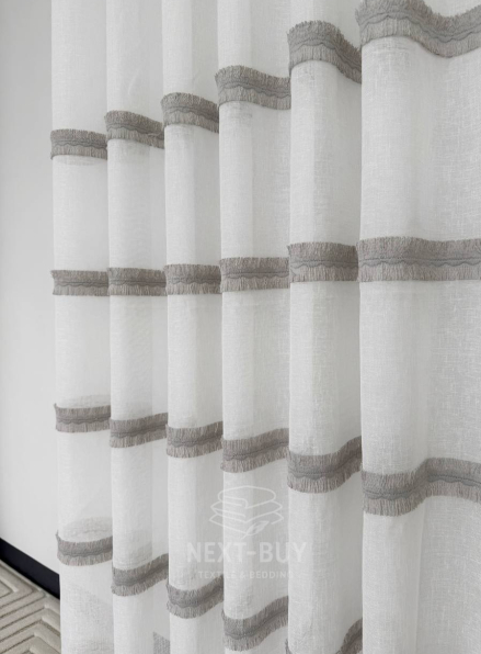 Тюль льон з сірою аплікацією у смужку Linen Grace Silver Lines, Італія