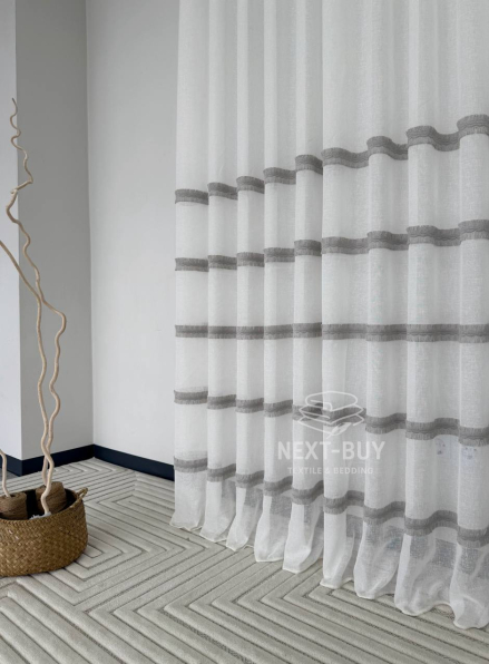 Тюль льон з сірою аплікацією у смужку Linen Grace Silver Lines, Італія