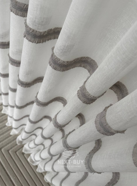 Тюль льон з сірою аплікацією у смужку Linen Grace Silver Lines, Італія