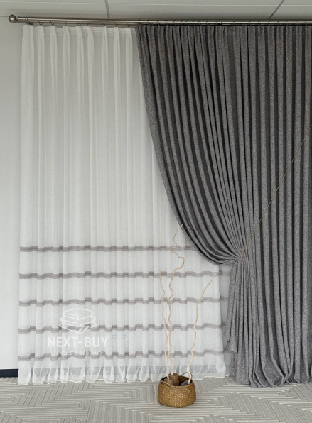 Тюль льон з сірою аплікацією у смужку Linen Grace Silver Lines, Італія