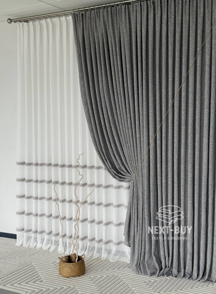 Тюль льон з сірою аплікацією у смужку Linen Grace Silver Lines, Італія