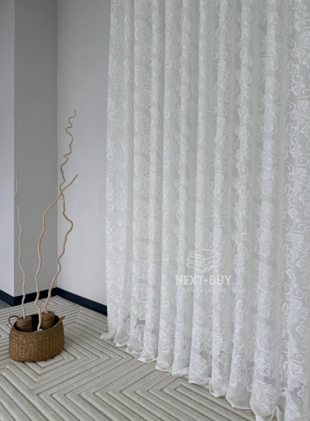 Тюль білий льон з квітковою вишивкою Bianca Fiora White Linen, Італія