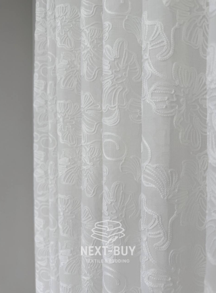 Тюль білий льон з квітковою вишивкою Bianca Fiora White Linen, Італія