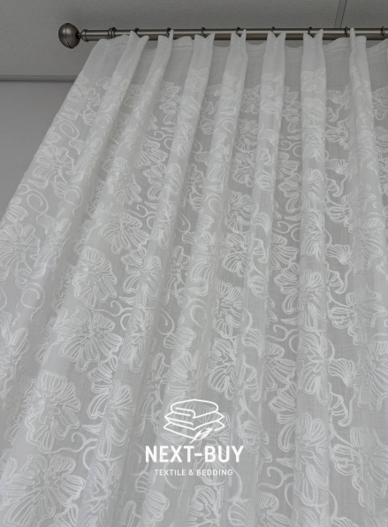 Тюль білий льон з квітковою вишивкою Bianca Fiora White Linen, Італія