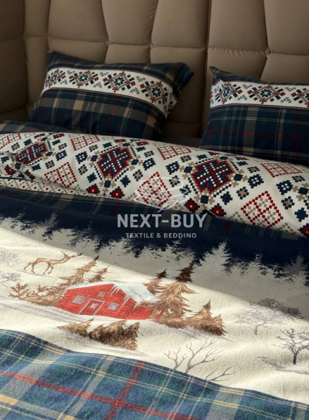 Постільна білизна з простирадлом на резинці First Choice Flannel Nature Navy євро 200×220
