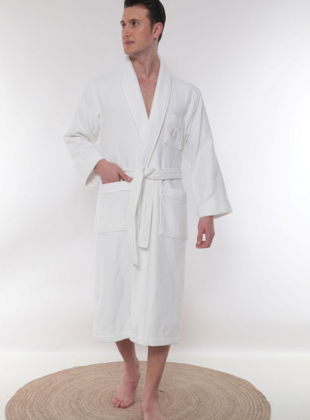 Чоловік махровий халат Maison D'or Quattro з коміром білий