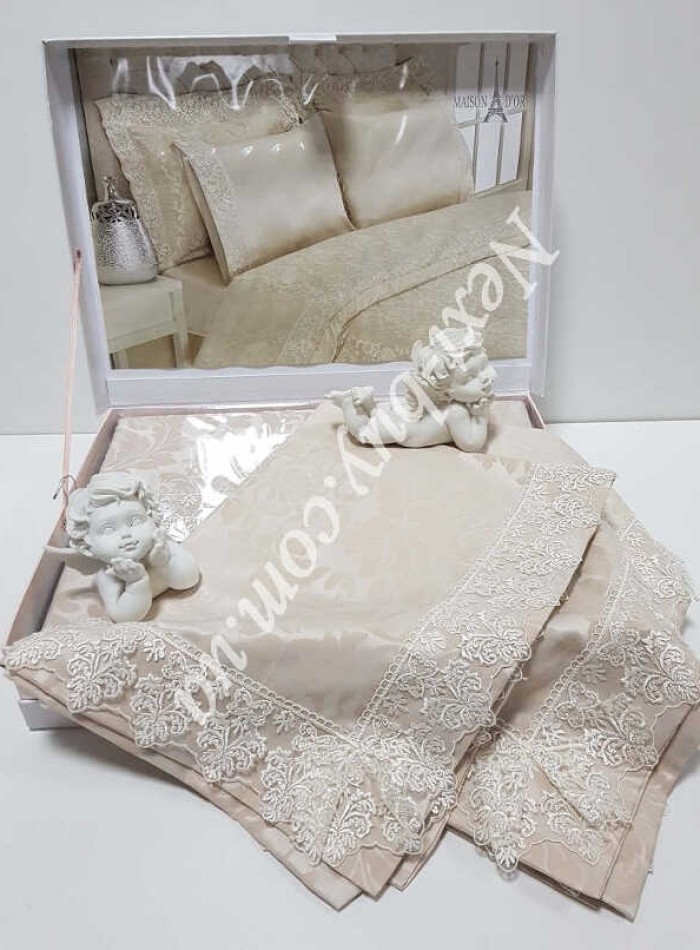 Постельное белье Maison D'or Gupurlu Bej 200x220см бамбук жаккард с гипюром — изображение 3