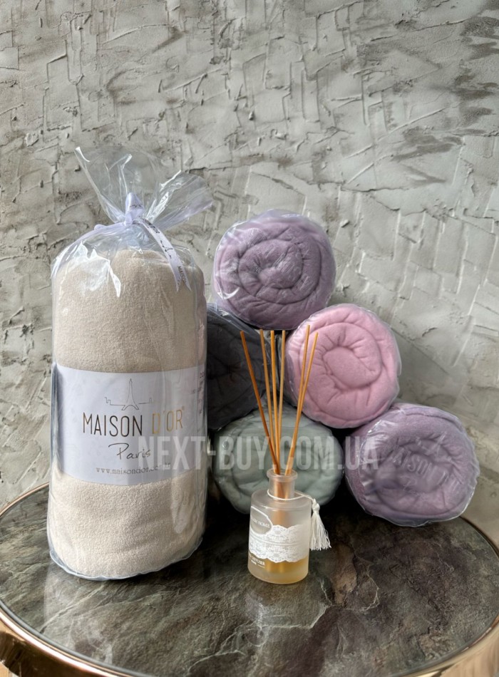 Простирадло махрове на резинці 180х200+28см Maison D'or Terry Fitted sheet beige з наволочками - Зображення 4
