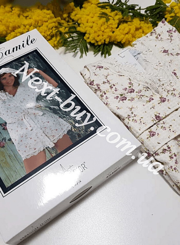 Maison D'or Roses Camile женский халат вафельный с кружевом короткий бирюзовый — изображение 7