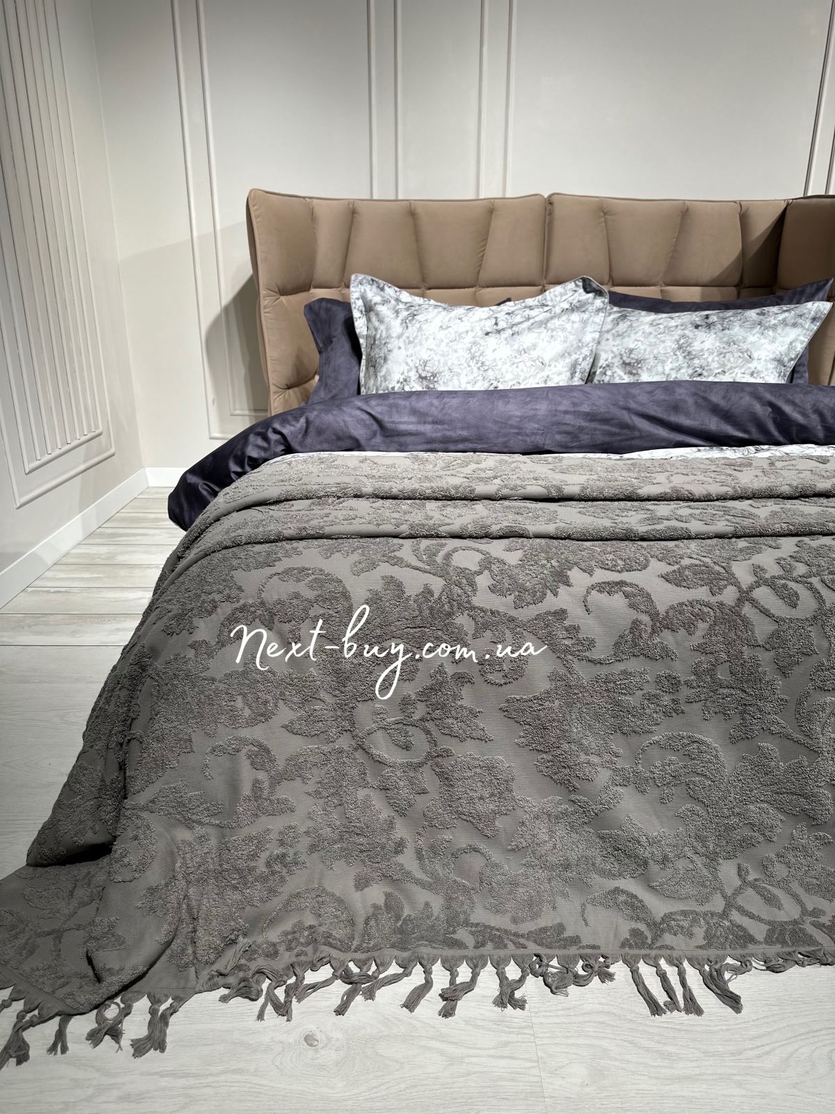 Maison D'or Paris Sanda Bedspread махрове простирадло-покривало 220х240 з бахромою бавовна antrasit - Зображення 1