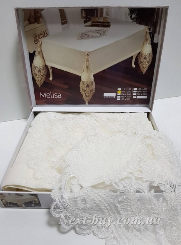 Святкова скатертина прямокутна 160х220 кремова з мереживом Melisa Туреччина - Зображення 3