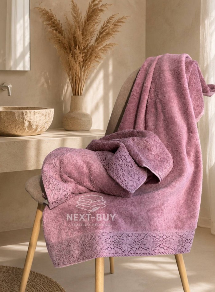 Maison Dor Naturella набор полотенец 3шт 30х50 50х90 70х140 махра с кружевом светло-фиолетовый — изображение 3