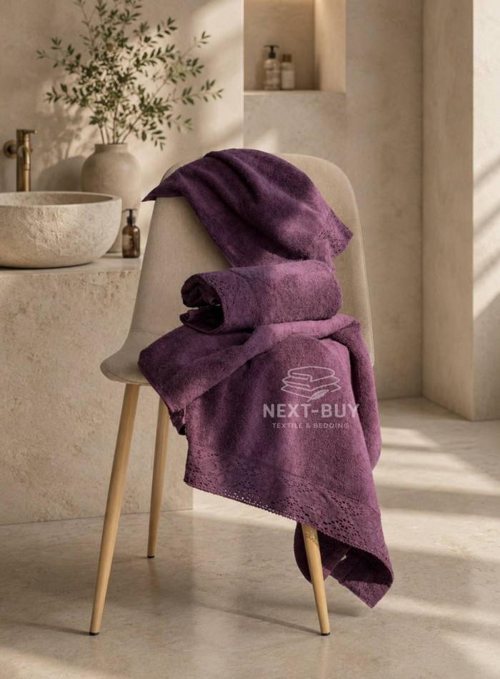 Maison Dor Naturella набор полотенец 3шт 30х50 50х90 70х140 махра с кружевом фиолетовый — изображение 3