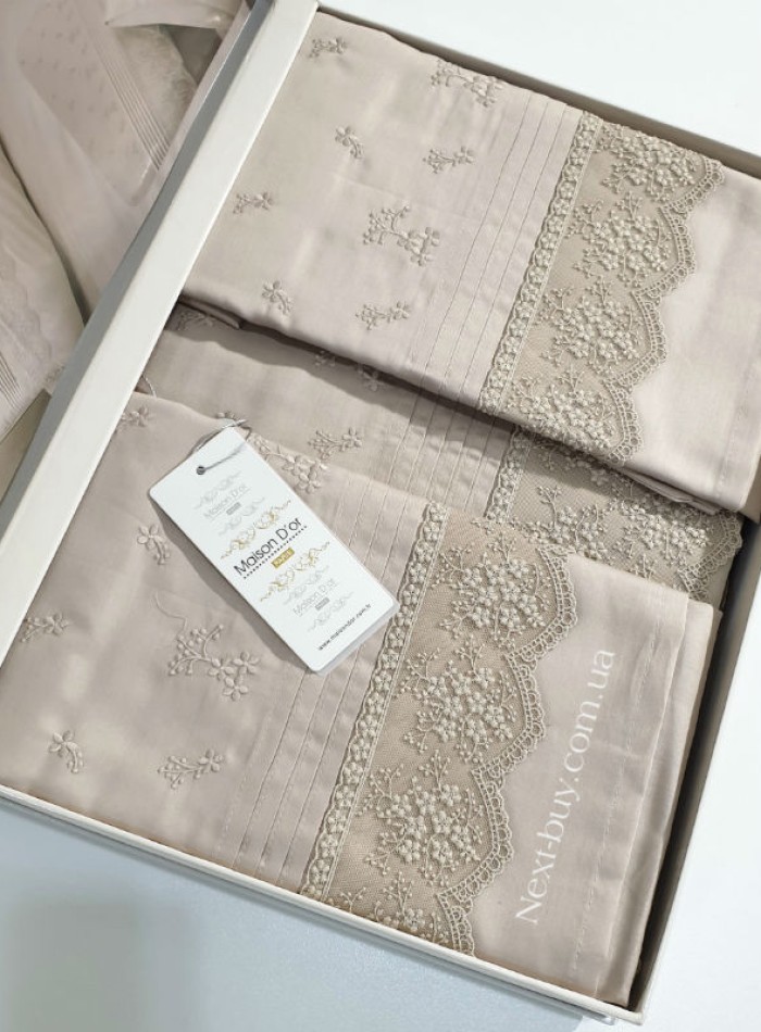 Maison D'or Jndila simone Beige постільна білизна євро 200х220 сатин з кружевом - Зображення 3
