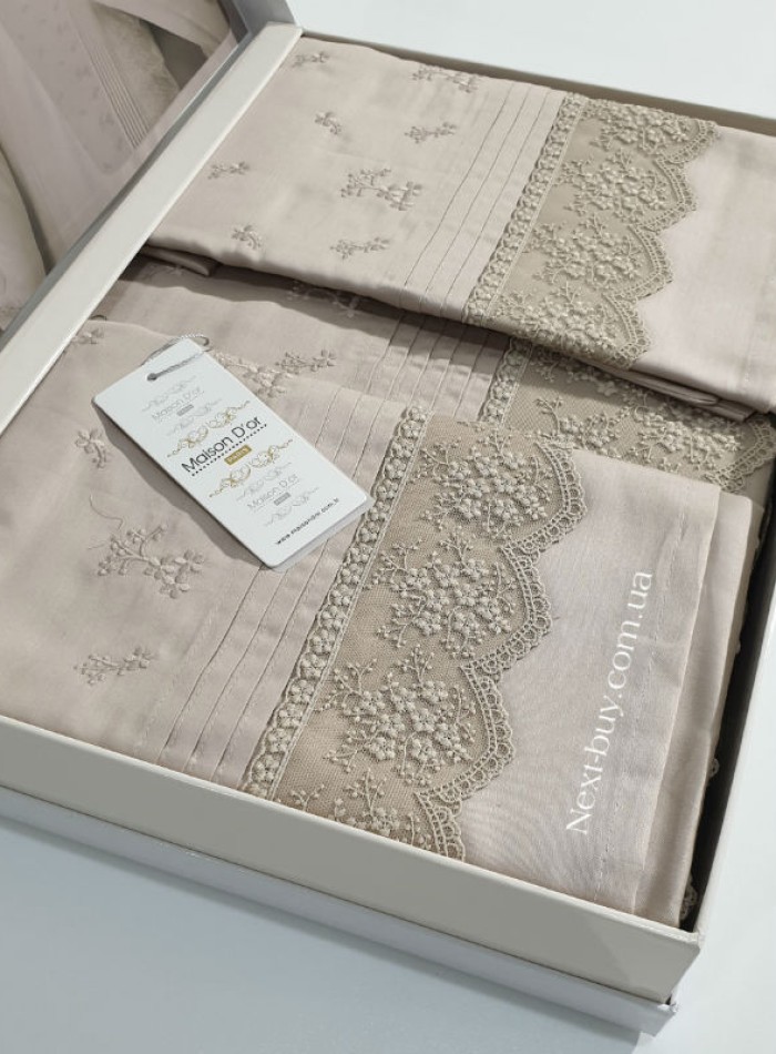 Maison D'or Jndila simone Beige постільна білизна євро 200х220 сатин з кружевом - Зображення 5