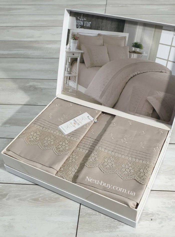 Maison D'or Jndila simone Beige постільна білизна євро 200х220 сатин з кружевом - Зображення 6