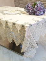 Оксамитова скатертина для столу Mevsim kahve з мереживом 160х220 Туреччина