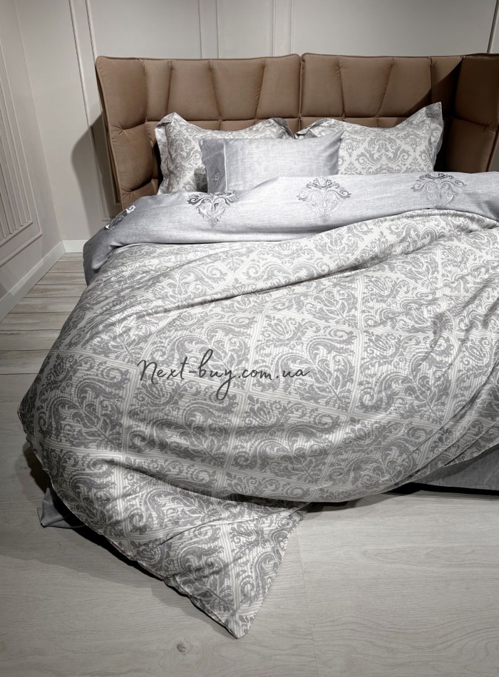 Maison D'or New Damask grey постільна білизна євро 200х220 сатин з вишивкою - Зображення 2